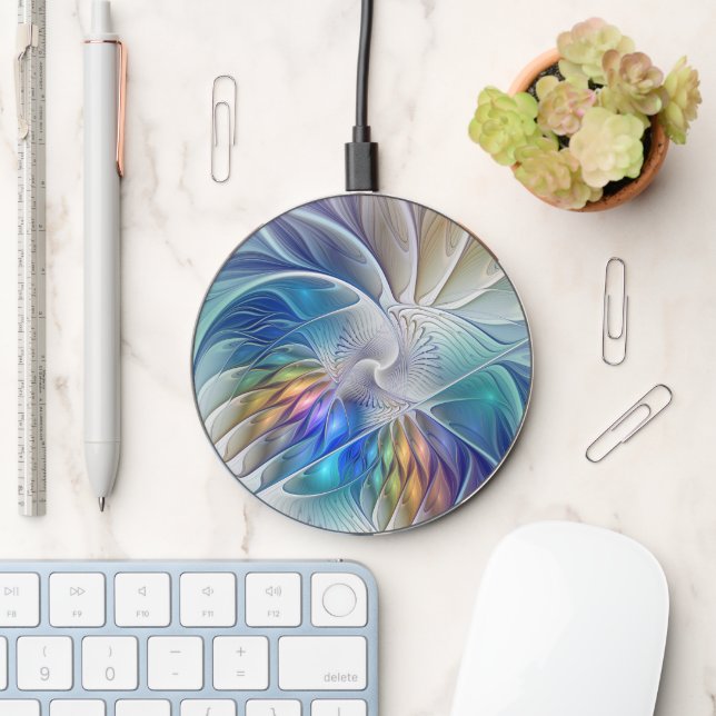 Floral Fantasy, Colorful Abstract Fractal Flower Wireless Charger (Desk)