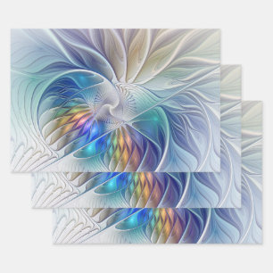 Floral Fantasy, Colorful Abstract Fractal Flower Wrapping Paper Sheets