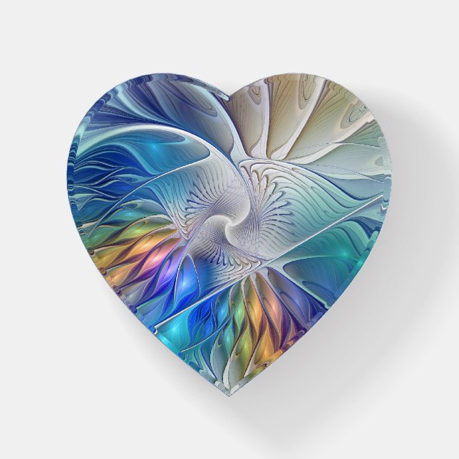Floral Fantasy, Colorful Fractal Art Flower Heart Paperweight (Front)