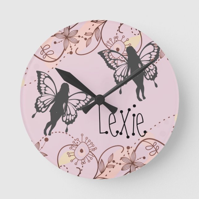 Floral Fantasy Fairies Personalized Pink Round Clock (Front)