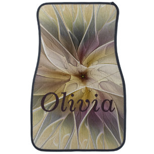Floral Fantasy Gold Aubergine Abstract Art Name Car Mat