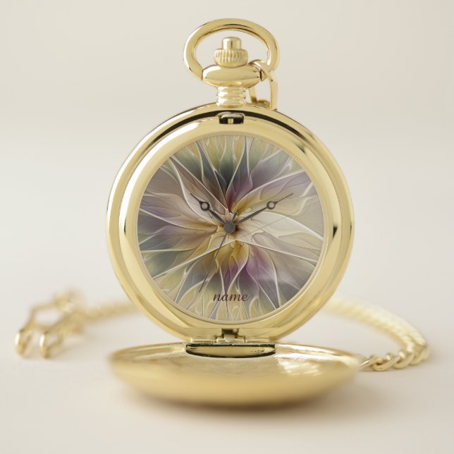 Floral Fantasy Gold Aubergine Abstract Art, Name Pocket Watch (Inside)