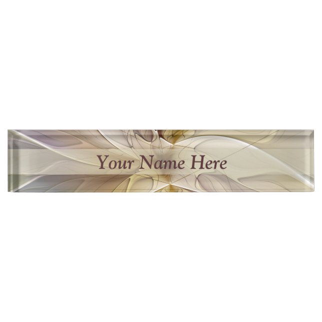 Floral Fantasy Gold Aubergine Abstract Art Text Desk Name Plate (Front)