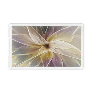 Floral Fantasy Gold Aubergine Abstract Fractal Art Acrylic Tray