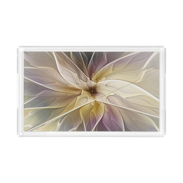 Floral Fantasy Gold Aubergine Abstract Fractal Art Acrylic Tray (Front)