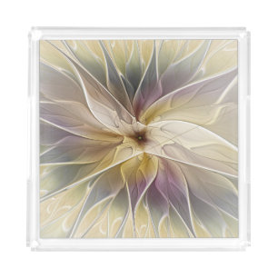 Floral Fantasy Gold Aubergine Abstract Fractal Art Acrylic Tray