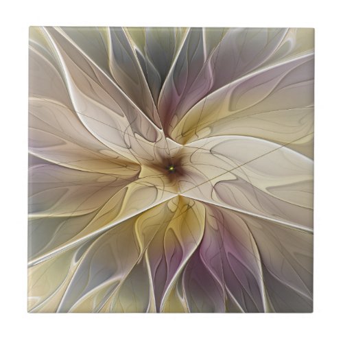 Floral Fantasy Gold Aubergine Abstract Fractal Art Ceramic Tile