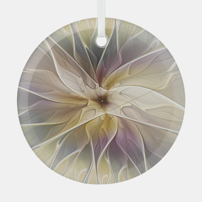 Floral Fantasy Gold Aubergine Abstract Fractal Art Glass Ornament (Front)
