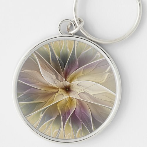 Floral Fantasy Gold Aubergine Abstract Fractal Art Keychain