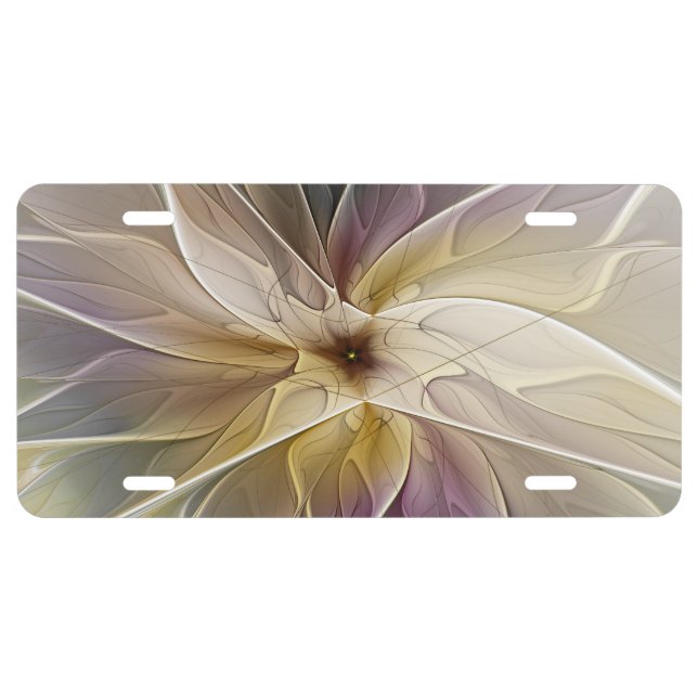 Floral Fantasy Gold Aubergine Abstract Fractal Art License Plate (Front)