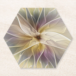 Floral Fantasy Gold Aubergine Abstract Fractal Art Paper Coaster