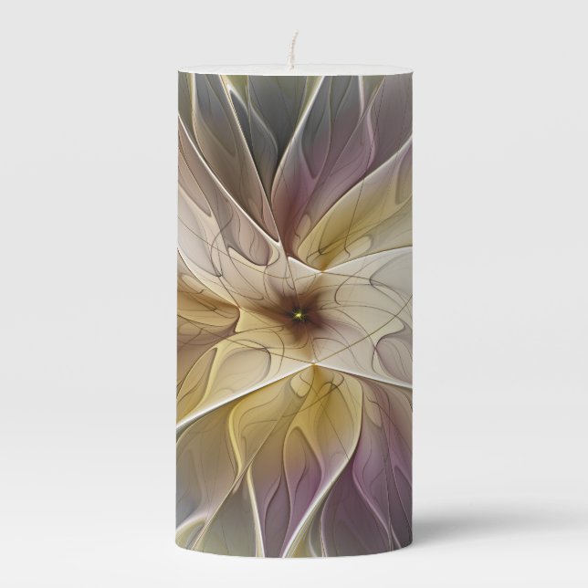 Floral Fantasy Gold Aubergine Abstract Fractal Art Pillar Candle (Front)