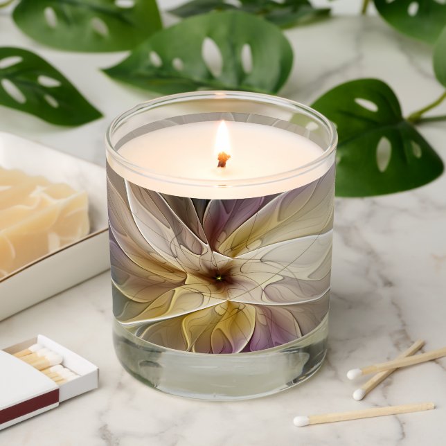 Floral Fantasy Gold Aubergine Abstract Fractal Art Scented Candle (Lit)