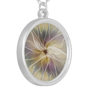 Floral Fantasy Gold Aubergine Abstract Fractal Art Silver Plated Necklace