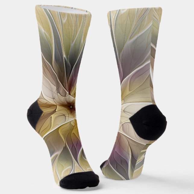 Floral Fantasy Gold Aubergine Abstract Fractal Art Socks (Angled)