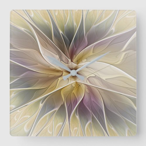 Floral Fantasy Gold Aubergine Abstract Fractal Art Square Wall Clock