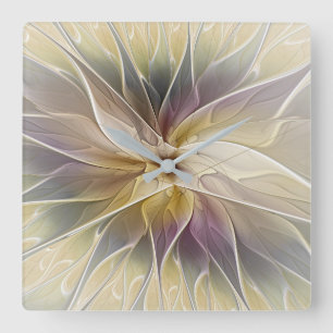 Floral Fantasy Gold Aubergine Abstract Fractal Art Square Wall Clock