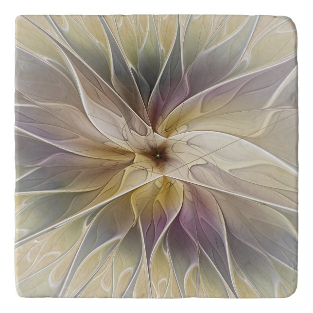 Floral Fantasy Gold Aubergine Abstract Fractal Art Trivet (Front)
