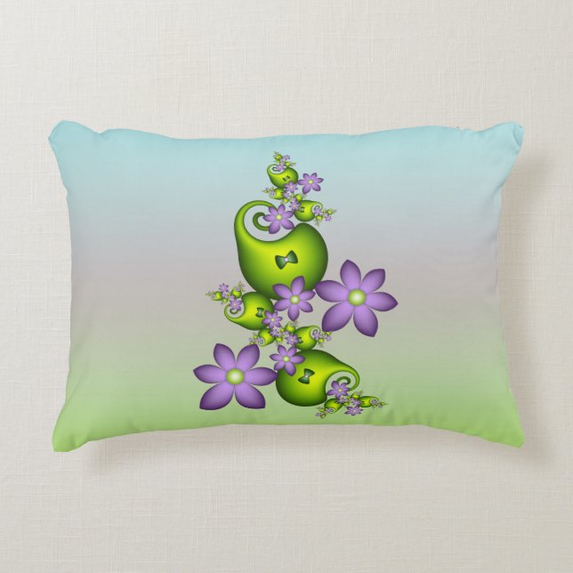 Floral Fantasy Lilac Flowers Green Shapes Fractal Accent Pillow (Front)