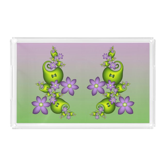 Floral Fantasy Lilac Flowers Green Shapes Fractal Acrylic Tray (Front)
