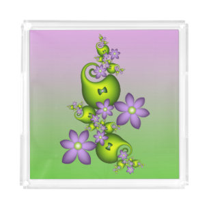 Floral Fantasy Lilac Flowers Green Shapes Fractal Acrylic Tray