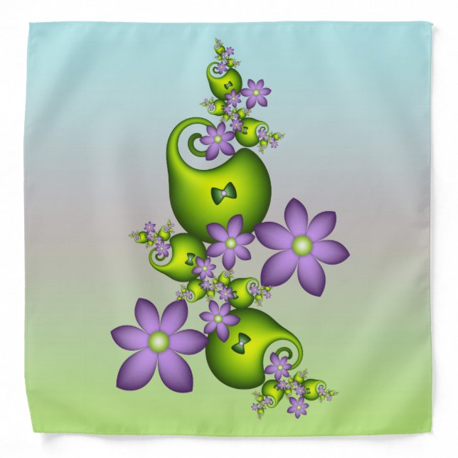 Floral Fantasy Lilac Flowers Green Shapes Fractal Bandana (Front)