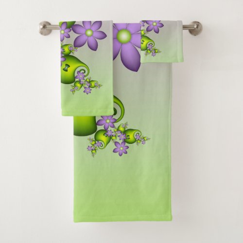 Floral Fantasy Lilac Flowers Green Shapes Fractal Bath Towel Set