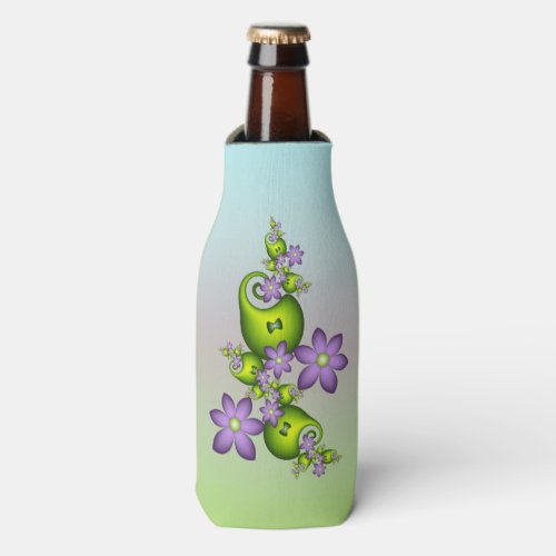 Floral Fantasy Lilac Flowers Green Shapes Fractal Bottle Cooler