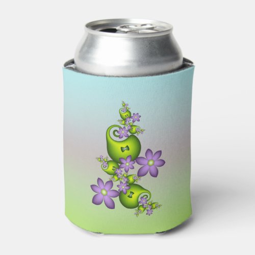 Floral Fantasy Lilac Flowers Green Shapes Fractal Can Cooler