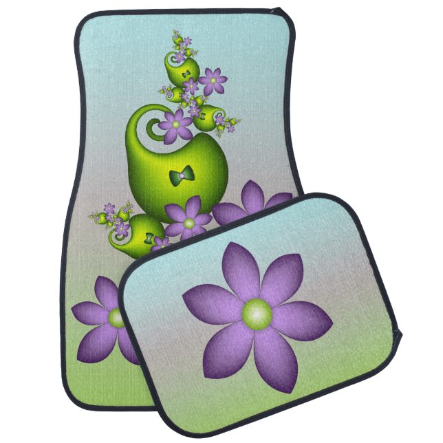 Floral Fantasy Lilac Flowers Green Shapes Fractal Car Floor Mat (Set)