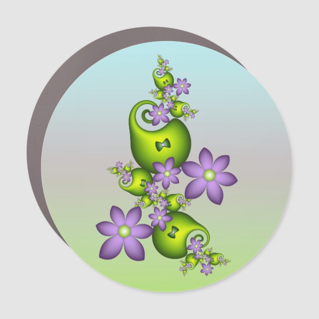 Floral Fantasy Lilac Flowers Green Shapes Fractal Car Magnet (Front)