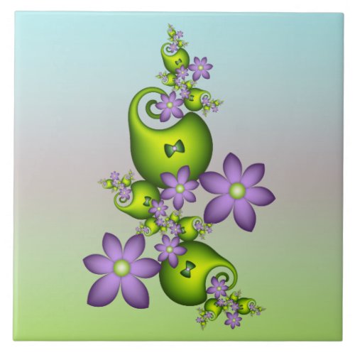 Floral Fantasy Lilac Flowers Green Shapes Fractal Ceramic Tile
