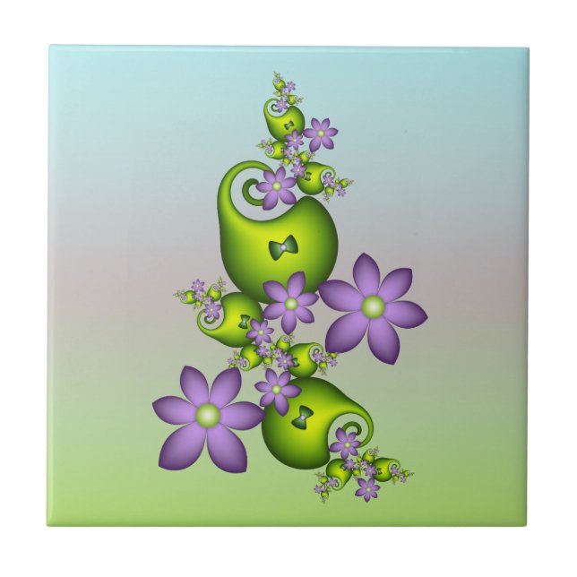 Floral Fantasy Lilac Flowers Green Shapes Fractal Ceramic Tile (Front)