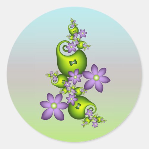 Floral Fantasy Lilac Flowers Green Shapes Fractal Classic Round Sticker