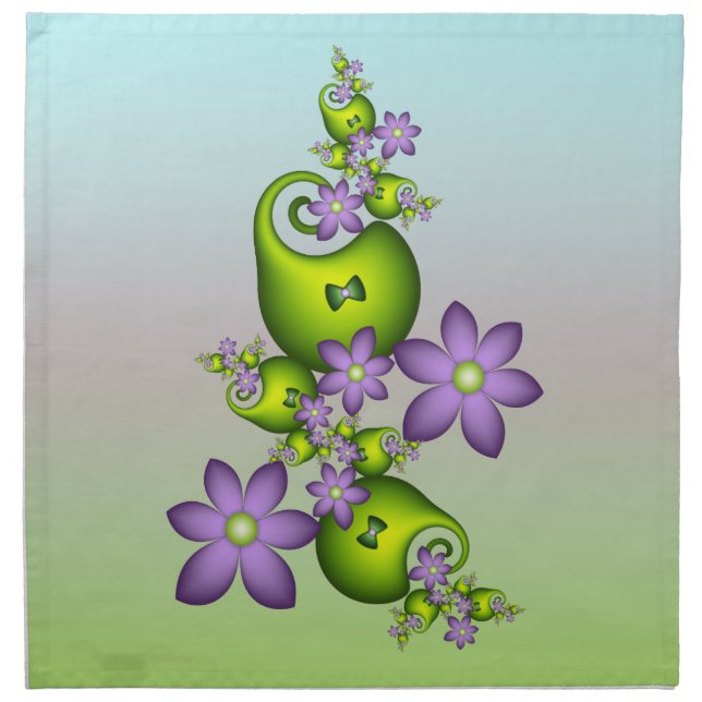 Floral Fantasy Lilac Flowers Green Shapes Fractal Cloth Napkin (Front)