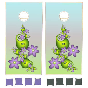 Floral Fantasy Lilac Flowers Green Shapes Fractal Cornhole Set