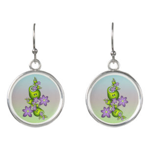 Floral Fantasy Lilac Flowers Green Shapes Fractal Earrings