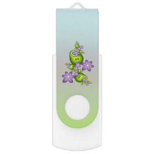 Floral Fantasy Lilac Flowers Green Shapes Fractal Flash Drive