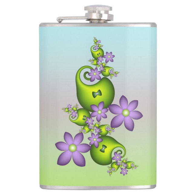 Floral Fantasy Lilac Flowers Green Shapes Fractal Flask (Front)