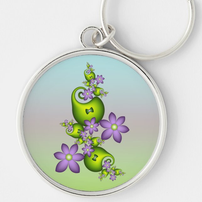Floral Fantasy Lilac Flowers Green Shapes Fractal Keychain (Front)