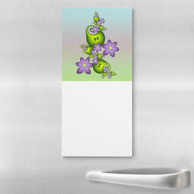 Floral Fantasy Lilac Flowers Green Shapes Fractal Magnetic Notepad (In Situ)