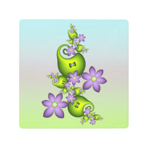 Floral Fantasy Lilac Flowers Green Shapes Fractal Metal Print