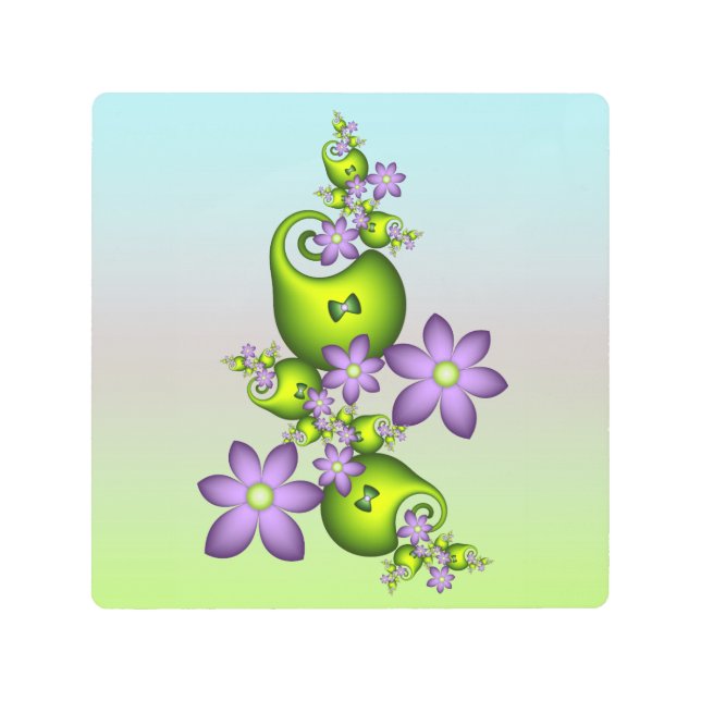 Floral Fantasy Lilac Flowers Green Shapes Fractal Metal Print (Front)