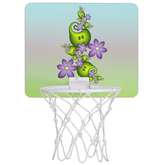 Floral Fantasy Lilac Flowers Green Shapes Fractal Mini Basketball Hoop (Front)
