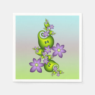 Floral Fantasy Lilac Flowers Green Shapes Fractal Napkins