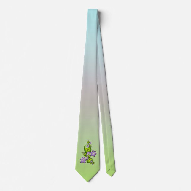 Floral Fantasy Lilac Flowers Green Shapes Fractal Neck Tie (Front)