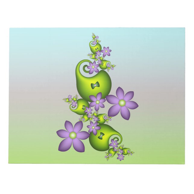 Floral Fantasy Lilac Flowers Green Shapes Fractal Notepad (Front)