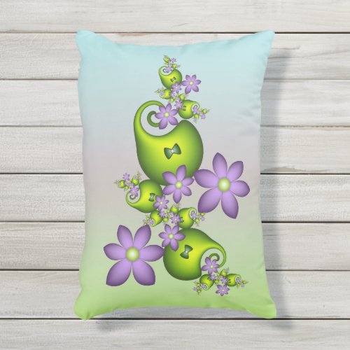 Floral Fantasy Lilac Flowers Green Shapes Fractal Outdoor Pillow