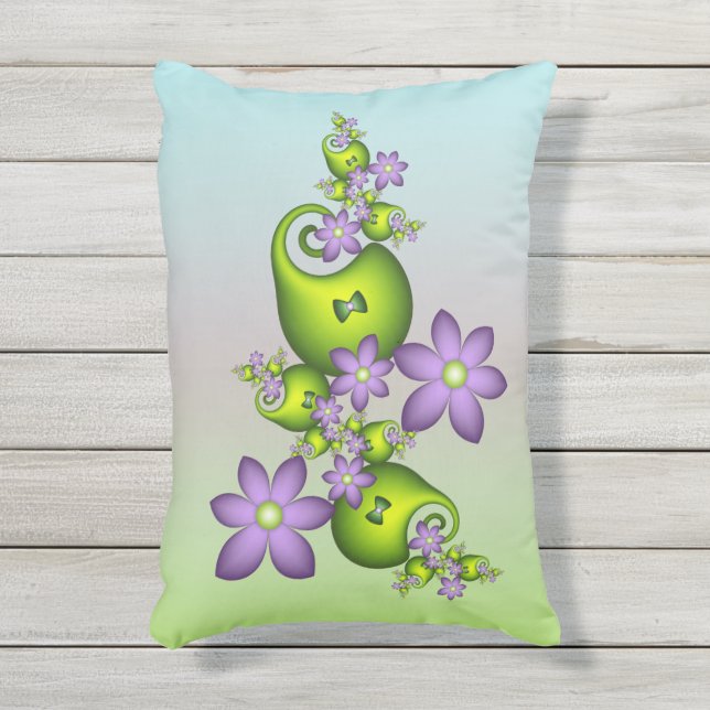 Floral Fantasy Lilac Flowers Green Shapes Fractal Outdoor Pillow (Front(Vertical))