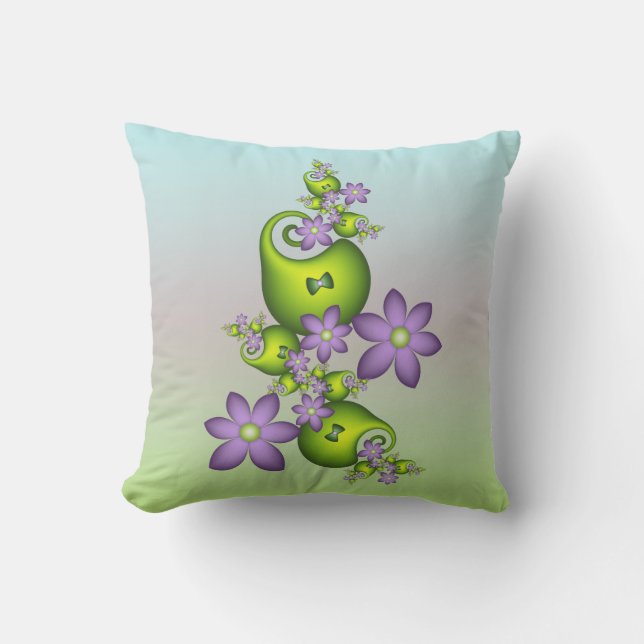 Floral Fantasy Lilac Flowers Green Shapes Fractal Outdoor Pillow (Front)
